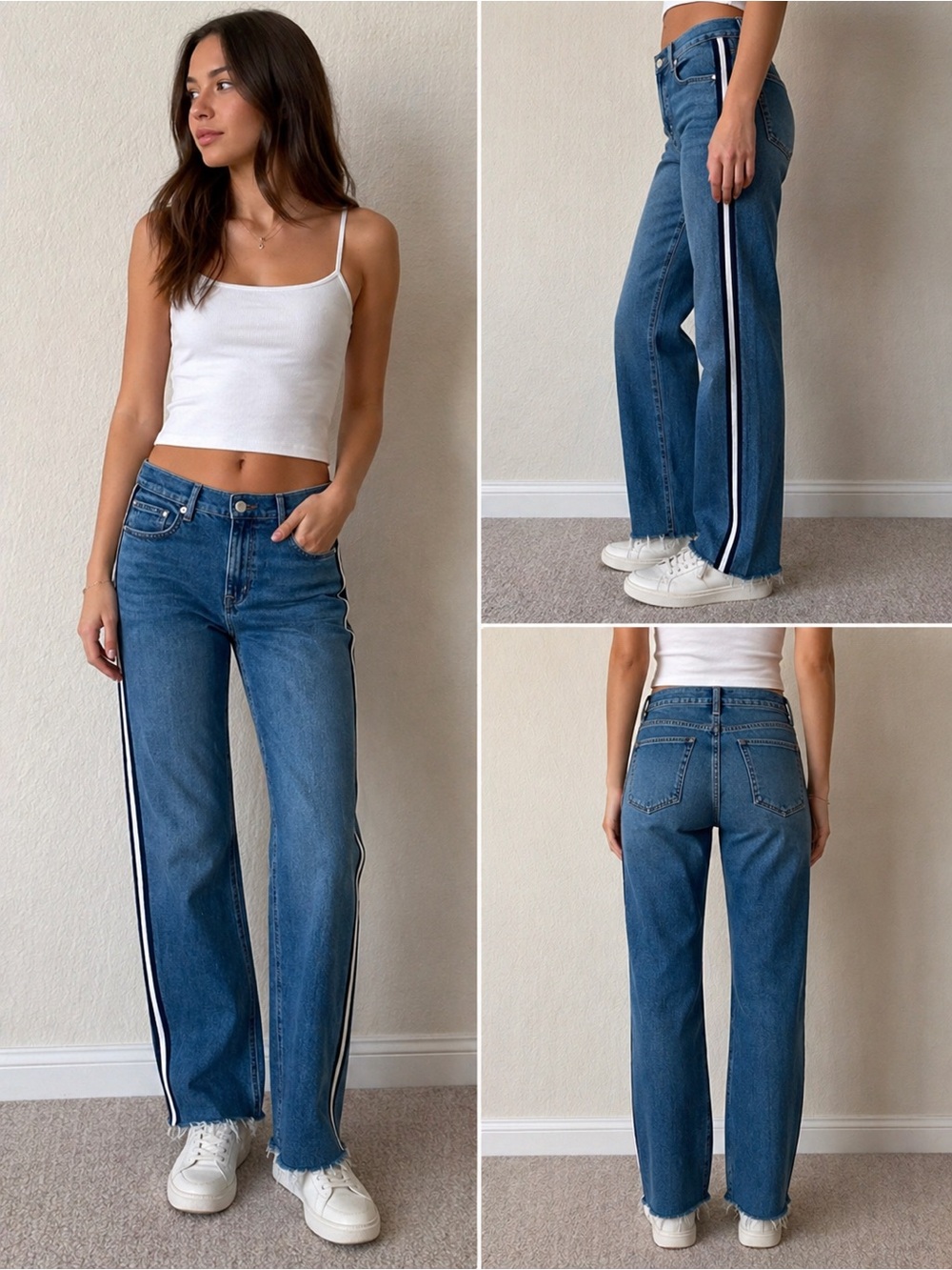 Lou & Grey Side Stripe Jeans Straight Leg Raw Hem Blue Denim Mid Rise 28